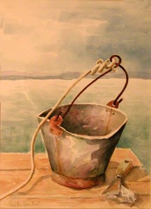 watercolour of bucket in Greece