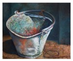 Oil painting of rusty metal bucket in India